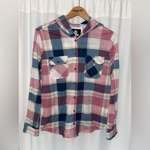 Amnesia hooded plaid button up shirt flannel women’s M medium boyfriend fit